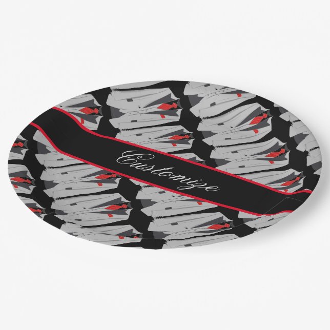 Personalised Men's Grey Suit & Red Tie Paper Plate (Angled)