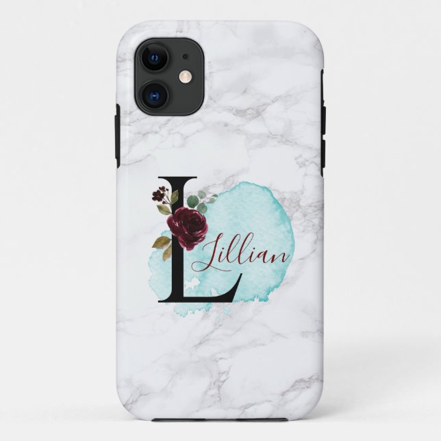 Personalised Merlot Navy Floral Letter L with Name Case-Mate iPhone Case (Back)