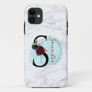 Personalised Merlot Navy Floral Letter S with Name Case-Mate iPhone Case