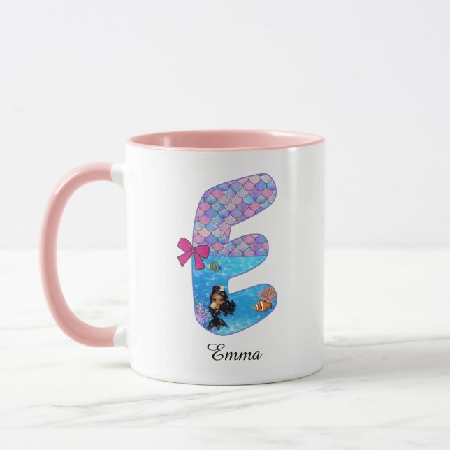 Personalised Mermaid Alphabet Letter E Mug (Left)