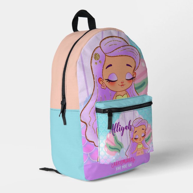 Personalised Mermaid Azure/Orange Printed Backpack (Back Corner Left)