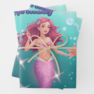 Personalised Mermaid Birthday Party Invitation Wrapping Paper Sheet
