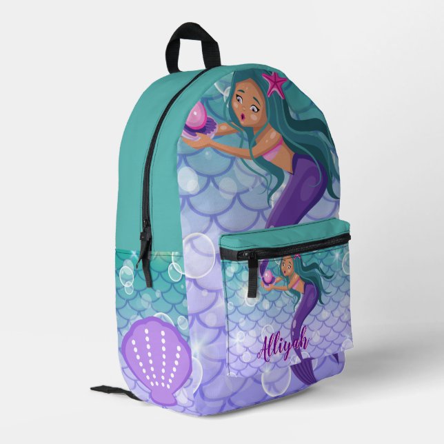 Personalised Mermaid Cyan Printed Backpack (Back Corner Left)