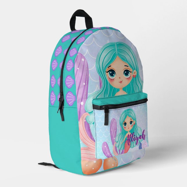 Personalised Mermaid Cyan Printed Backpack (Back Corner Left)
