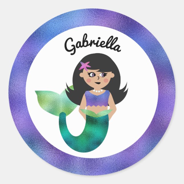 Personalised Mermaid Latino Trendy Faux Foil Girls Classic Round Sticker (Front)
