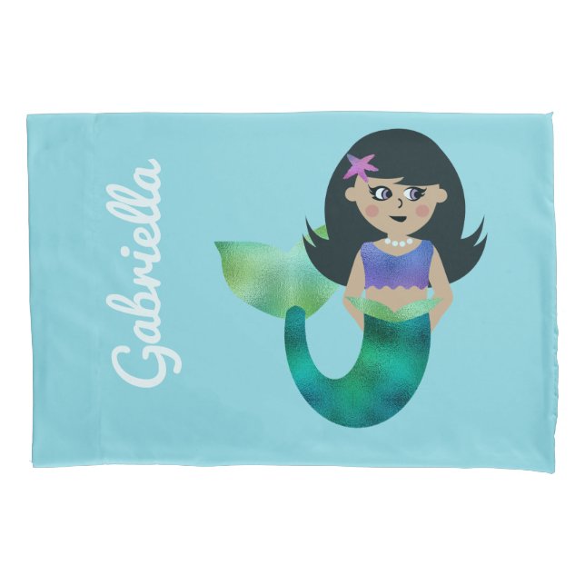 Personalised Mermaid Latino Trendy Faux Foil Girls Pillowcase (Front)