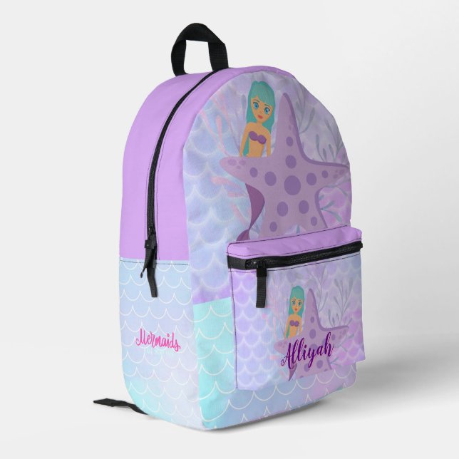 Personalised Mermaid Light Lavender Printed Backpack (Back Corner Left)