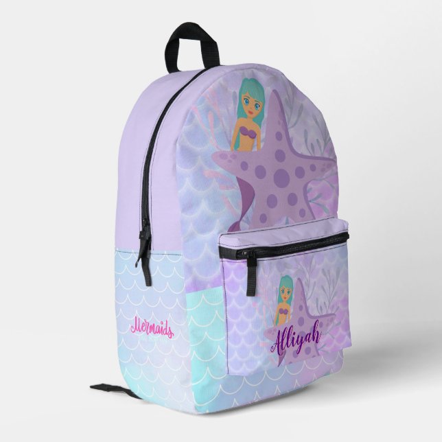 Personalised Mermaid Light Purple Printed Backpack (Back Corner Left)