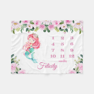 Personalised Mermaid Monthly Growth Milestone Baby Fleece Blanket