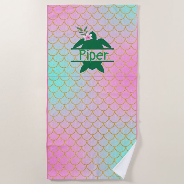Personalised Mermaid Sea Turtle Beach Towel (Front)