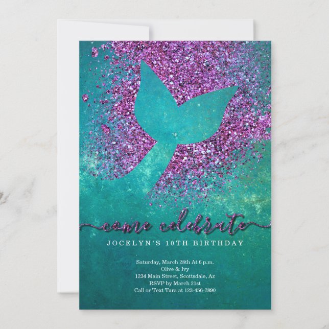 Personalised Mermaid Themed Birthday Party Invitation (Front)