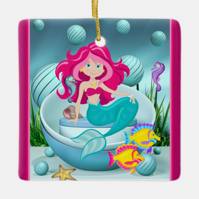Personalised Mermaid Under the Sea Beach Christmas Ceramic Ornament (Front)