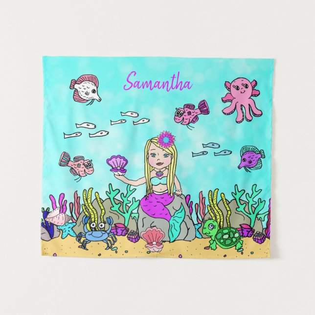 Personalised Mermaid Under the Sea Wall Art Tapestry (Front (Horizontal))