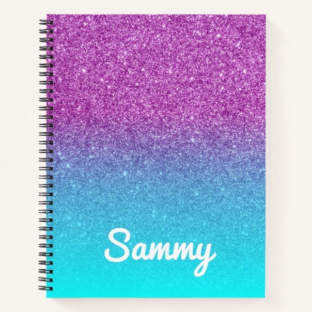 Personalised Mermaid Violet and Aqua Glitter Ombre Notebook (Front)