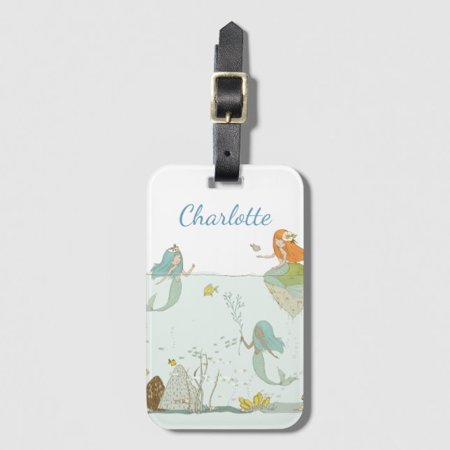Personalised Mermaid Whimsical Ocean Kids Name Luggage Tag (Front Vertical)