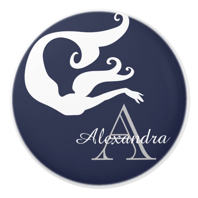 Personalised Mermaid White Navy blue monogrammed  Ceramic Knob (Front)