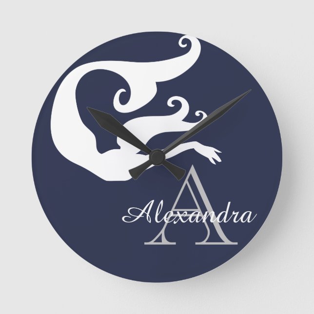 Personalised Mermaid White Navy blue monogrammed   Round Clock (Front)