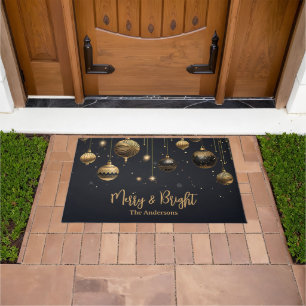 Personalised Merry and Bright Black Gold Ornaments Doormat