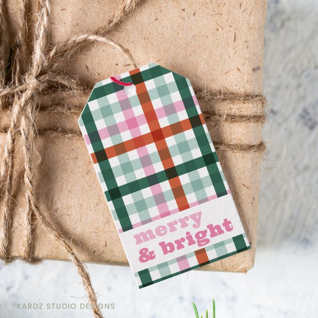 Personalised Merry and Bright Christmas Gift Tag (Merry and Bright, personalize with names Christmas gift tags, with trendy and modern gingham holiday)
