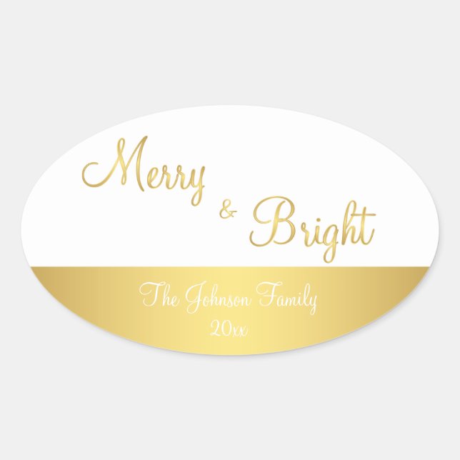 Personalised Merry And Bright Oval Gold Stickers (Front)