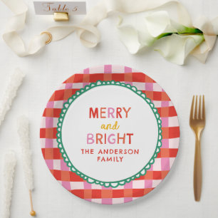 Personalised Merry and Bright Red Chequered Paper Plate