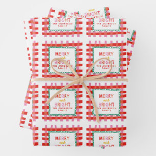 Personalised Merry and Bright Red Chequered  Wrapping Paper Sheet