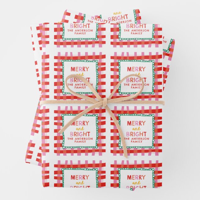 Personalised Merry and Bright Red Chequered  Wrapping Paper Sheet (In situ)