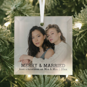 Personalised Merry And Married Christmas Glass Tree Decoration