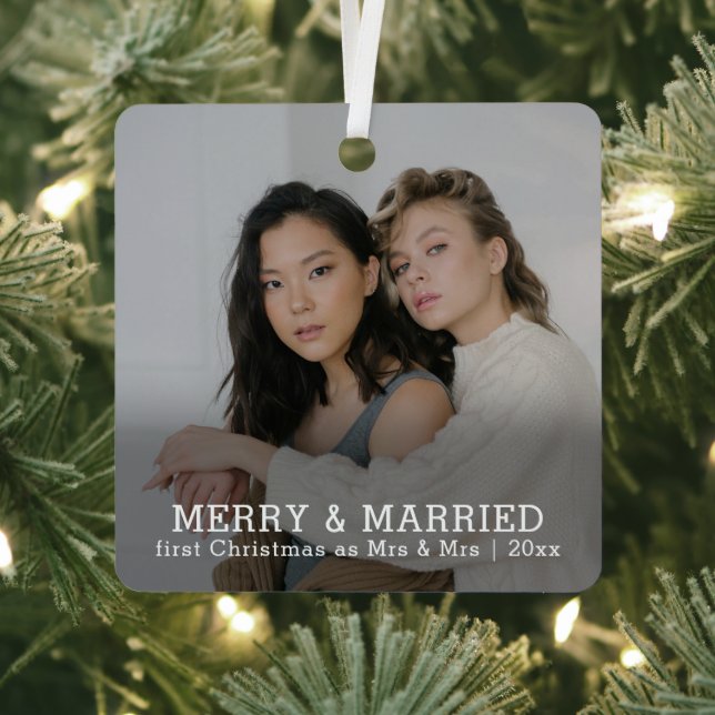 Personalised Merry And Married Christmas Metal Tree Decoration (Insitu)