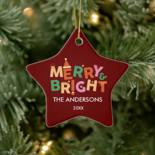 Personalised Merry & Bright Star Christmas  Ceramic Tree Decoration