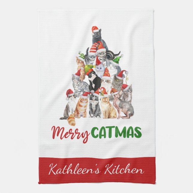 Personalised Merry Catmus Funny Cat Christmas  Tea Towel (Vertical)