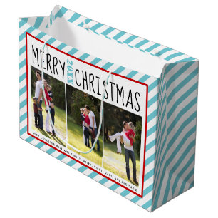 Personalised Merry Christmas aqua stripes photo Large Gift Bag