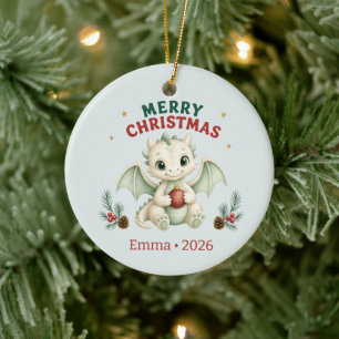 Personalised Merry Christmas Baby Dragon  Ceramic Tree Decoration
