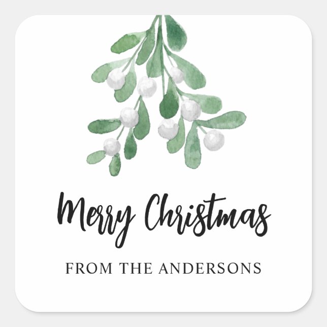 Personalised Merry Christmas Berries And Leaves Square Sticker (Front)