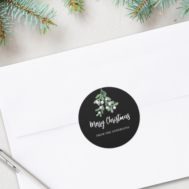 Personalised Merry Christmas Berries Leaves Black Classic Round Sticker (Creator Uploaded)