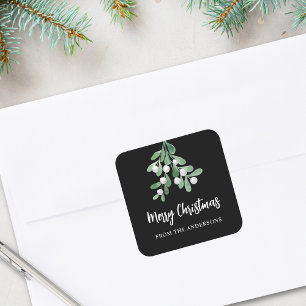 Personalised Merry Christmas Berries Leaves Black Square Sticker