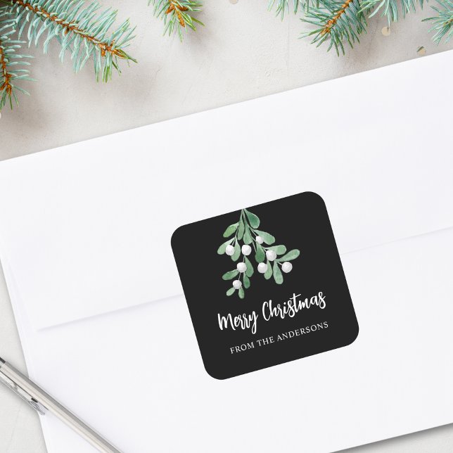 Personalised Merry Christmas Berries Leaves Black Square Sticker (Creator Uploaded)