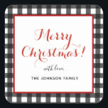 Personalised Merry Christmas Black & white plaid  Square Sticker<br><div class="desc">Trendy & Personalised  black and white plaid Merry Christmas stickers. 
Customise by using the "Edit this design template" boxes on the right hand side of the item,  or click the blue "Customise it" button to arrange the text,  change the fonts and colours.</div>