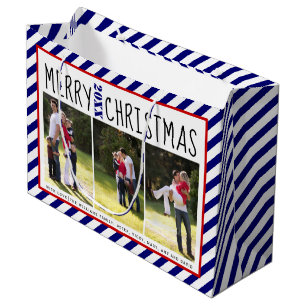 Personalised Merry Christmas blue stripes photo Large Gift Bag