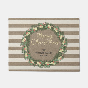 Personalised Merry Christmas burlap stripe wreath Doormat