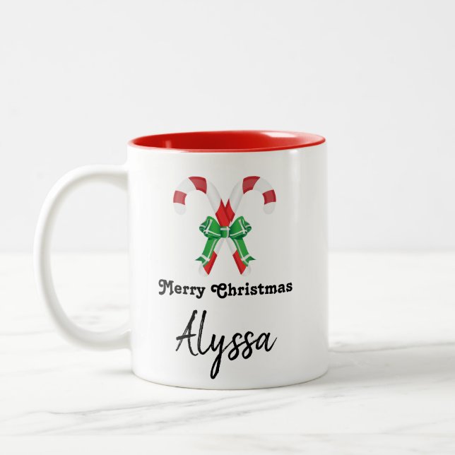 Personalised Merry Christmas Candy Cane Two-Tone Coffee Mug (Left)