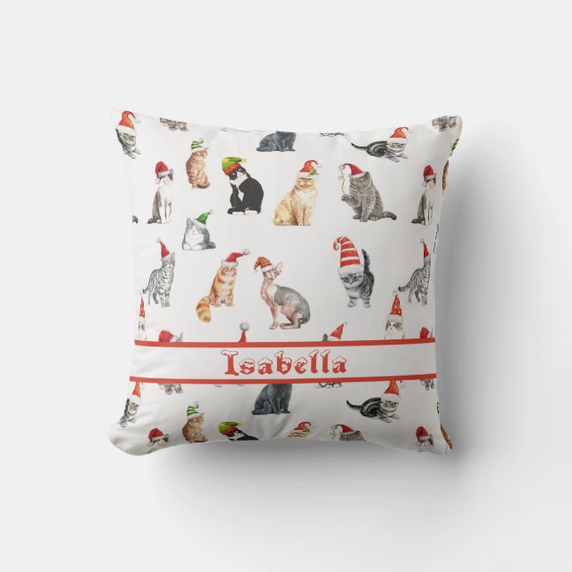 Personalised Merry Christmas Cats with Santa Hats Cushion (Front)