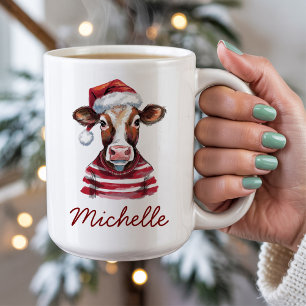 Personalised Merry Christmas Cow in Santa Hat Coffee Mug