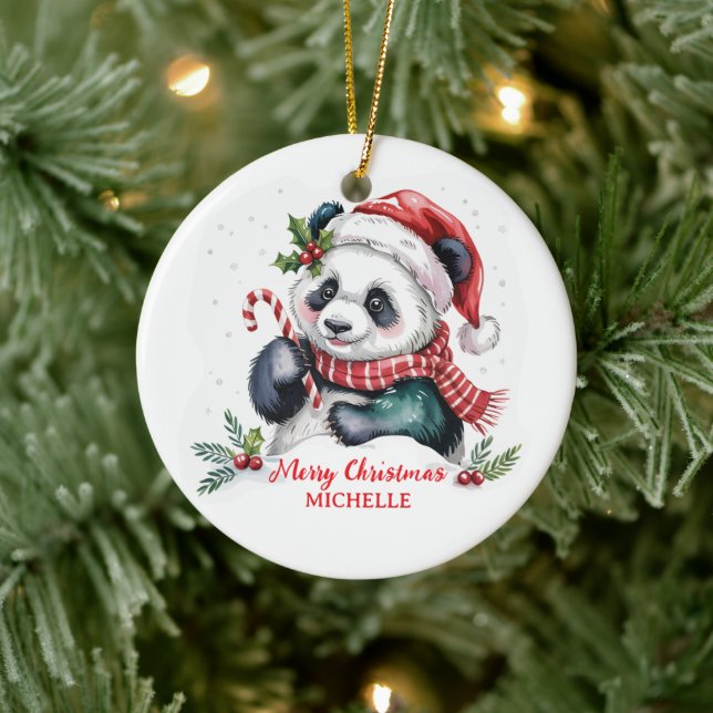 Personalised Merry Christmas Cute Panda Bear Ceramic Tree Decoration (Tree)