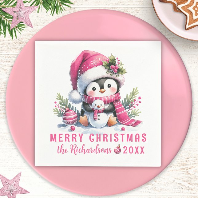 Personalised Merry Christmas Cute Penguin Pink Napkin (Creator Uploaded)
