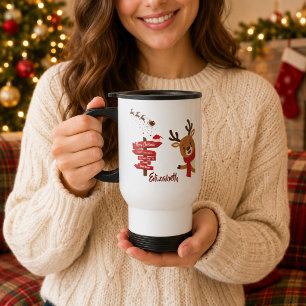 Personalised Merry Christmas Cute Reindeer Travel Mug