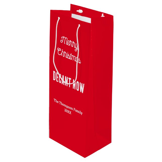 Personalised Merry Christmas Decant Now Red Wine Gift Bag (Front Angled)
