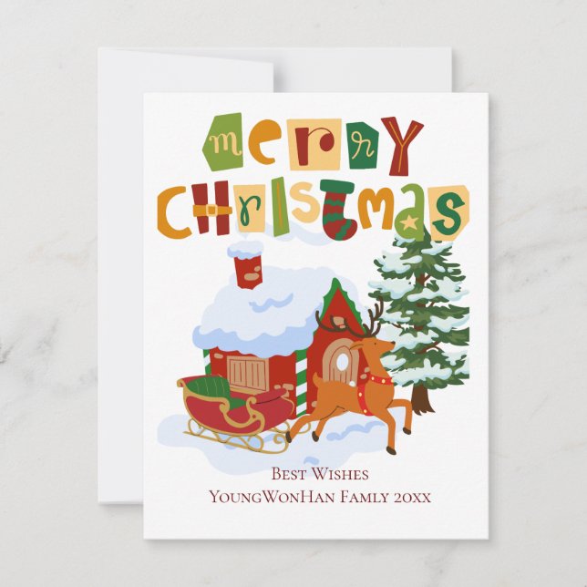 personalised Merry Christmas Deer and Sled Card (Front)