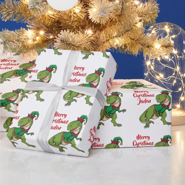 Personalised Merry Christmas Dinosaur Santa Hat Wrapping Paper (Holidays)