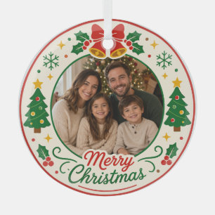 Personalised Merry Christmas Family Photo Circle Glass Tree Decoration